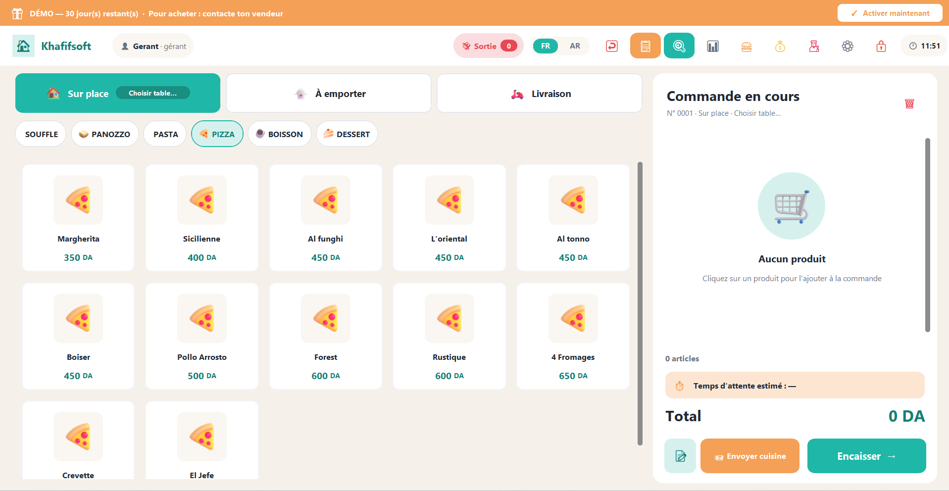 Interface de Khafifsoft — logiciel de caisse pour fast food